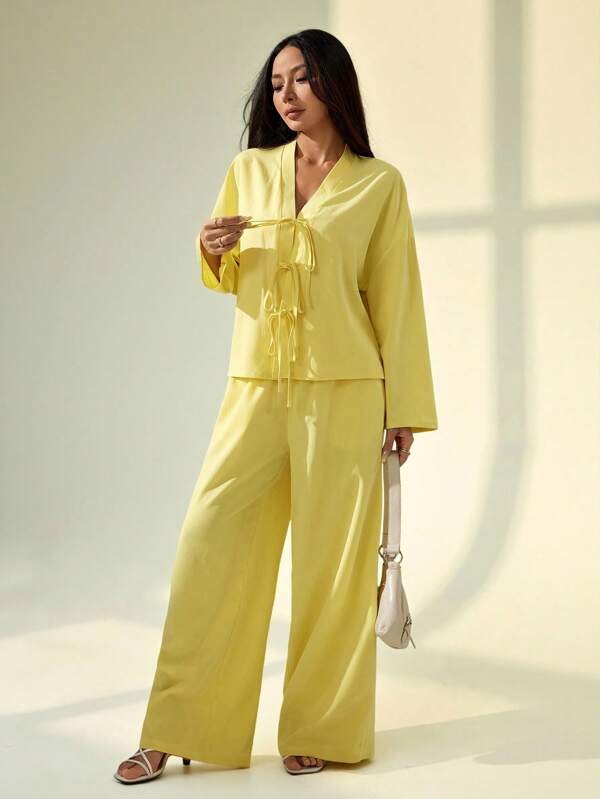 SHEIN PETITE 2pcs Women's Casual Loose Fit Drop Shoulder Tie Front Top And Wide Leg Pants Set, Spring And Autumn And Summer