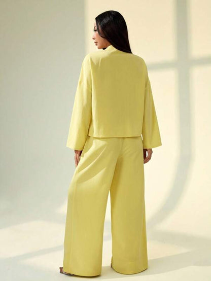 SHEIN PETITE 2pcs Women's Casual Loose Fit Drop Shoulder Tie Front Top And Wide Leg Pants Set, Spring And Autumn And Summer