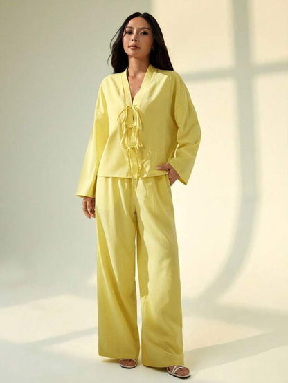 SHEIN PETITE 2pcs Women's Casual Loose Fit Drop Shoulder Tie Front Top And Wide Leg Pants Set, Spring And Autumn And Summer