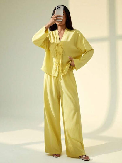 SHEIN PETITE 2pcs Women's Casual Loose Fit Drop Shoulder Tie Front Top And Wide Leg Pants Set, Spring And Autumn And Summer