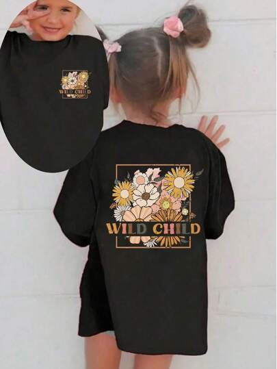 Young Girls 2025 Floral & Letter Graphic Print Short Sleeve T-Shirt, Summer