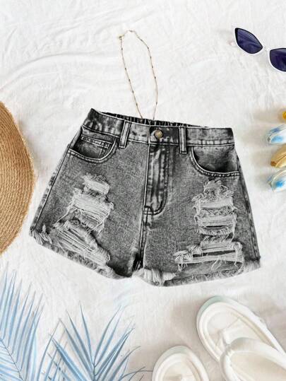 SHEIN Tween Girls Y2K Spring Summer Break Light Washed High Waist Ripped Raw Hem Denim Jeans Shorts With Raw Hem, Summer Beach Boho Vacation Shorts, Summer Concert Festival Causal Rave Outfits, Girls Summer Brunch Graduation Outfits