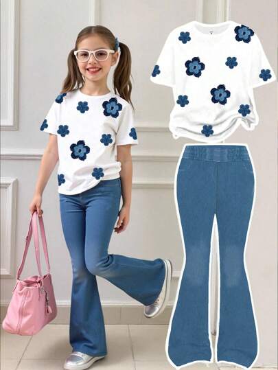 2pcs/Set Young Girls' Casual Fashion Cute Creative Floral & Denim Print Short Sleeve T-Shirt And Flare Pants Suit, Summer