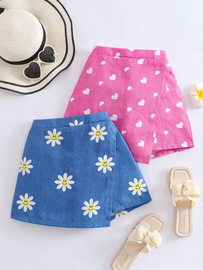 2pcs/Pack Tween Girl Daisy Flower Print And Heart Print Skorts For Summer Daily Wear Kids Floral Skorts