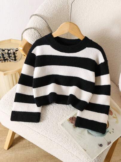 Souflis Souflis Young Girl Short Striped Pullover Sweater, Long Sleeve Casual Black And White Striped Sweater For Girls Girls Striped Sweater Girls Black And White Sweater Kids Striped Knit Sweater Girls Knit Top