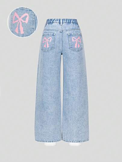 Sweetra Young Tween Girls Casual Fashion Light Blue Denim Butterfly Print Pockets Loose Wide Leg Comfortable Everyday Relaxed Fit Washed Denim Jeans Girls Wide Leg Jeans With Bows Summer Holiday