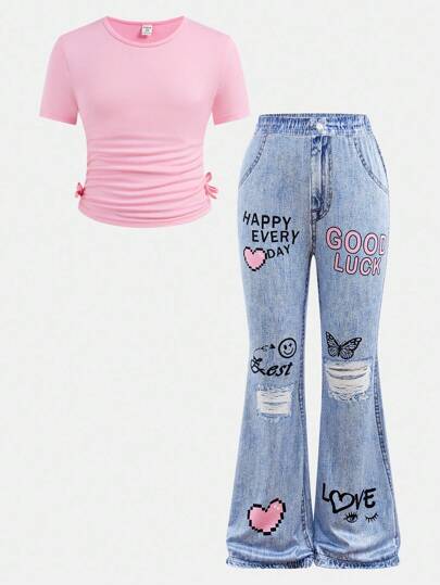 SHEIN Girlism 2pcs/Set Tween Girls Casual Crewneck Top With Waist Ruffle And Pants Outfit