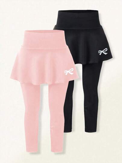 SHEIN 2pcs/Set Girls Casual & Elegant Princess Bowknot & Butterfly Graphic Print Skirt And Leggings Set, For Spring & Summer,Holiday,Summer,Travel, School, Campus, College