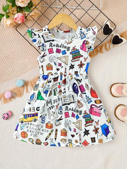 Cute Cartoon Graphic Ruffle Trim Sleeveless Dress For Girls Preppy Summer Schooling Back To School