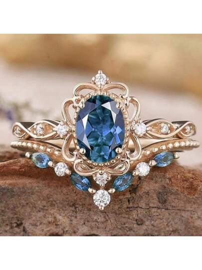 1PC Blue  Gold Plated Pair Ring, European And American Luxury Alloy Women's Ring, Sapphire Alloy Ring