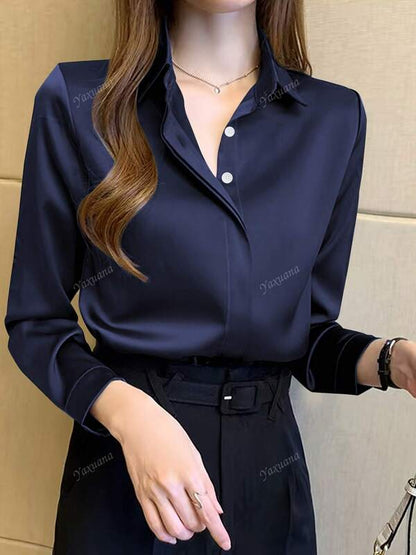 Women's Elegant Black Long Sleeve Blouse, Semi-Sheer Polyester Material With Button Details, Suitable For Spring/Summer/Autumn