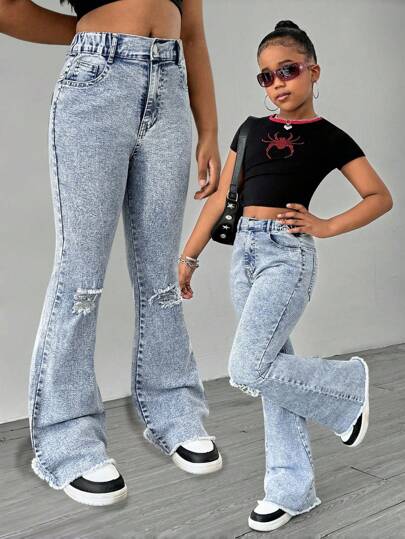 Teen Girls Washed Ripped Skinny Jeans, Casual Minimalist Style, Light Blue Denim Tween Girls Flare Leg Jeans Baggy Jeans Y2k, School, Campus, College