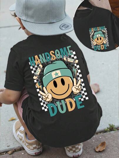SHEIN Young Boy Casual Creative Checkered, Face & Letter, Skateboard Graphic Printed Short Sleeve Round Neck T-Shirt, Suitable For Everyday, School And Outdoor Play In Summer