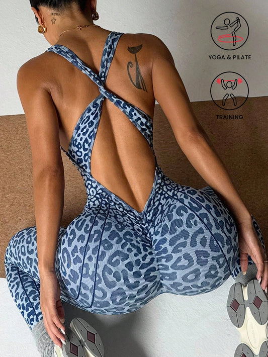 Slayoga 1pc Women Leopard Print Jumpsuit Yoga Workout Tights Gym Women Outfit