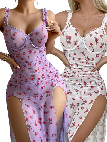 SOFUSEN Women's 2 Piece Babydoll Lingerie Set Frill Underwire Floral Lingerie Dress Split Slip Dress With Thongs
