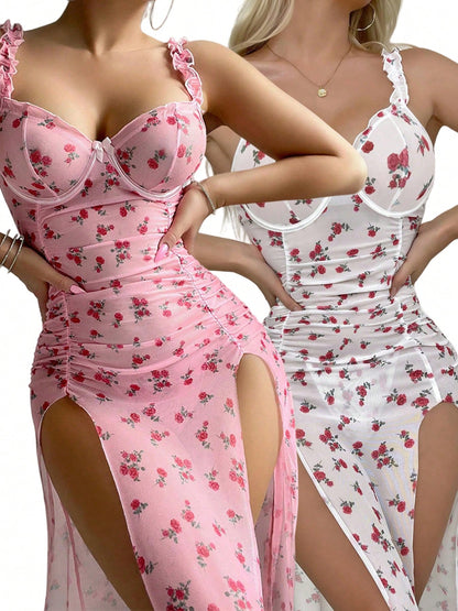 SOFUSEN Women's 2 Piece Babydoll Lingerie Set Frill Underwire Floral Lingerie Dress Split Slip Dress With Thongs