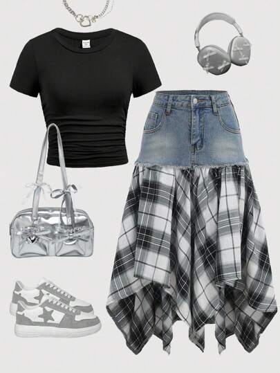 Girlism Tween Girls Fall And Winter Y2k Vintage Distressed Street Style Blue Denim Plaid Splicing Irregular Hem Long Skirt Without Tops,New Product,Girls Back To School Clothes Outfits,Girls Streetwear Outfits,Plaid Denim Skirt