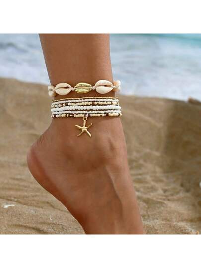 Bohemian 7Pcs Set Of Starfish And Shell Anklet Set, Stackable And Versatile Beach Style Bracelets To Create Fashionable Layering, A Variety Of Colors To Choose From, And The Anklet Size Is Adjustable