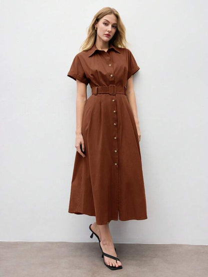 BizChic Elegant Black Short Sleeve Maxi Shirt Dress With Flared Hem And Comfort Fit Black Dress Women Black Midi Dress Short Sleeve Dress