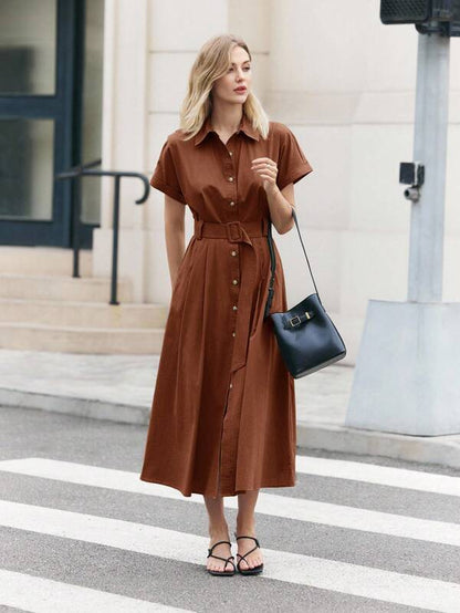 BizChic Elegant Black Short Sleeve Maxi Shirt Dress With Flared Hem And Comfort Fit Black Dress Women Black Midi Dress Short Sleeve Dress