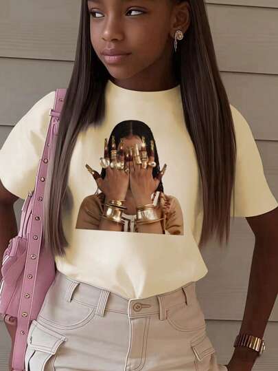 1pc Girls' Casual Letter Print Round Neck Short Sleeve T-Shirt, Summer Student Young Casual Wear - Minimalist English Letter Style T-Shirt Inspiring Imagination And Self-Expression