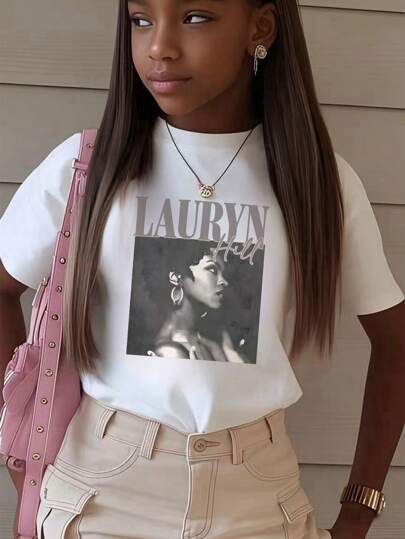 1pc Girls' Casual Letter Print Round Neck Short Sleeve T-Shirt, Summer Student Young Casual Wear - Minimalist English Letter Style T-Shirt Inspiring Imagination And Self-Expression