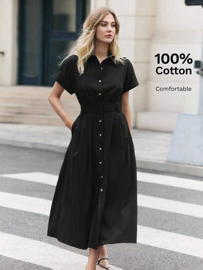 BizChic Elegant Black Short Sleeve Maxi Shirt Dress With Flared Hem And Comfort Fit Black Dress Women Black Midi Dress Short Sleeve Dress
