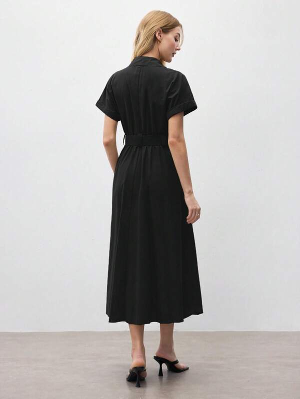 BizChic Elegant Black Short Sleeve Maxi Shirt Dress With Flared Hem And Comfort Fit Black Dress Women Black Midi Dress Short Sleeve Dress