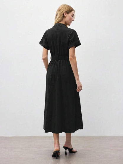 BizChic Elegant Black Short Sleeve Maxi Shirt Dress With Flared Hem And Comfort Fit Black Dress Women Black Midi Dress Short Sleeve Dress