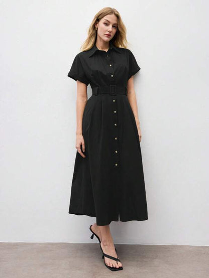 BizChic Elegant Black Short Sleeve Maxi Shirt Dress With Flared Hem And Comfort Fit Black Dress Women Black Midi Dress Short Sleeve Dress
