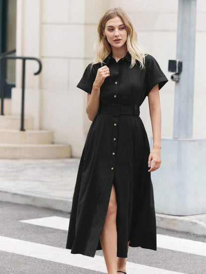 BizChic Elegant Black Short Sleeve Maxi Shirt Dress With Flared Hem And Comfort Fit Black Dress Women Black Midi Dress Short Sleeve Dress