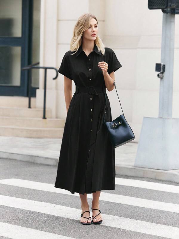 BizChic Elegant Black Short Sleeve Maxi Shirt Dress With Flared Hem And Comfort Fit Black Dress Women Black Midi Dress Short Sleeve Dress