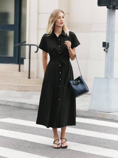 BizChic Elegant Black Short Sleeve Maxi Shirt Dress With Flared Hem And Comfort Fit Black Dress Women Black Midi Dress Short Sleeve Dress