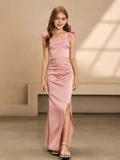 Satin Sleeveless High Waist Long Dress, For Girls, Wedding, Party, Prom, Birthday, Halloween, Graduation, Formal Occasions