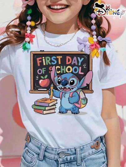 Disney Disney's   The First Day Of School   Cartoon Pattern T-Shirt - Comfortable And Casual Short Sleeve Round Neck T-Shirt - Summer Fashion Carefully Designed Pattern