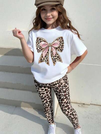 2pcs/Set Girls Casual Creative Diamond-Like Leopard Bow Decor School Pattern Print Short Sleeve T-Shirt & Leggings Outfit Set Girls Leopard Outfit Girls Cheetah Set Bow Outfit Girls Tween Leggings Set Tween Girl Bow Shirt
