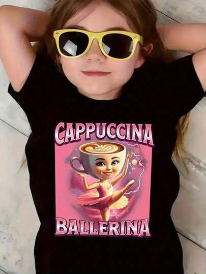 BALLERINA CAPPUCCINA  Printed T-Shirt, Suitable For Pretty Girls - Casual Style, Elastic Polyester Fiber Short Sleeved T-Shirt, Perfect For Outdoor Activities In Spring And Summer