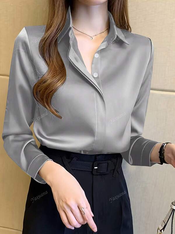 Women's Elegant Black Long Sleeve Blouse, Semi-Sheer Polyester Material With Button Details, Suitable For Spring/Summer/Autumn