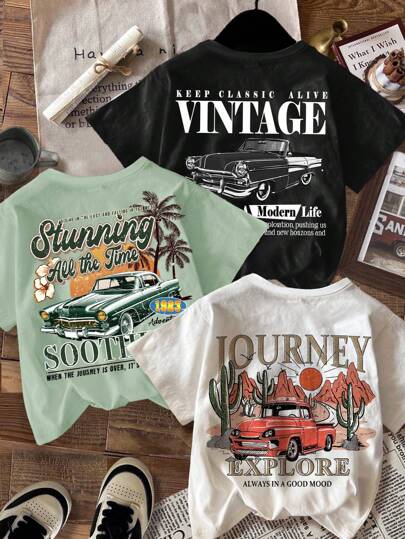 3pcs/Set Boys' Casual Cartoon Graphic Round Neck Short Sleeve T-Shirts, Suitable For Summer Vintage T Shirts Graphic Tees Vintage Car T-Shirts Summer Graphic Tees Men Graphic Tees, School, Campus, College