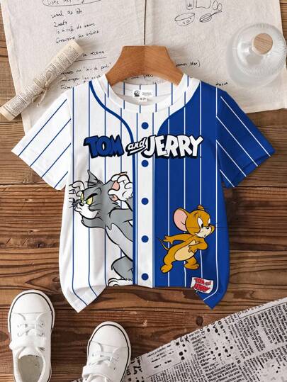 TOM & JERRY X SHEIN Young Boy Casual Cartoon Striped Number Print Short Sleeve T-Shirt, Navy Blue English Letter Graphic, Comfortable Summer