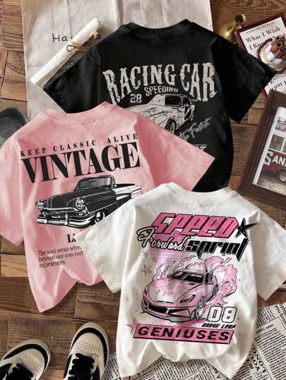 Tween Girls' Casual Minimalist Vintage Car Graphic White & Black T-Shirts, Suitable For Summer