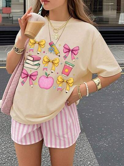 Teen Girls Graphic Print Tee, School Theme Cute Loose Fit Summer Style