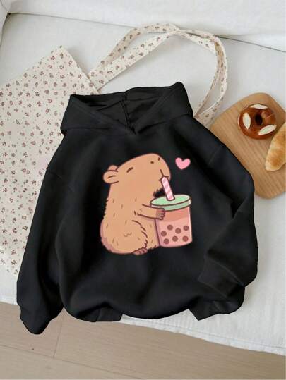 Tween Girls Black Casual & Fashionable Creative Cute Cartoon Animal Love Drink Water Hamster Capybara Print Pullover Hoodie Capybara Clothes For Girls Cute Hoodie Cute Sweatshirt Girls Capybara Hoodie Capybara Sweatshirt Girls Hoodie Cute Capybara Hoodie
