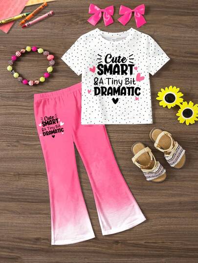 2pcs/Set Young Girl Casual Cartoon Pattern Round Neck Short Sleeve Top And Flare Pants Outfit, Suitable For Summer
