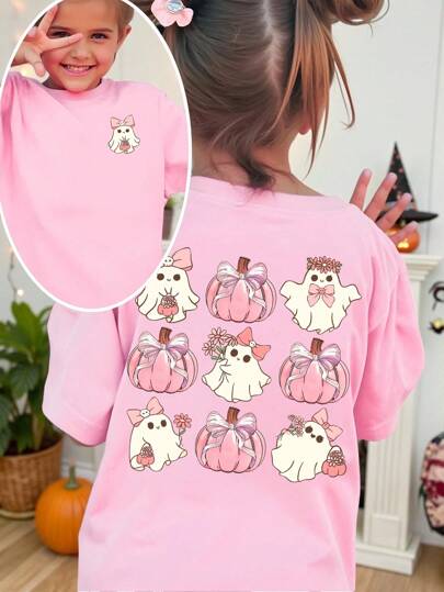 Cute Pink Cartoon Girls T-Shirt With Ghost Pumpkin Prints And Drop Shoulder Sleeves Ghost Pumpkin Shirt Cute Sweatshirts Summer Holiday