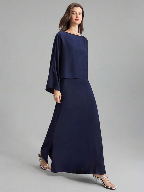 Ontre 2 Pieces Set: Blue Off-Shoulder Loose Top And Satin Split Hem Skirt, Elegant Simple Style Suitable For Everyday Wear, Bridesmaid Dress, Spring/Summer