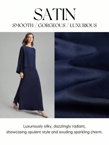Ontre 2 Pieces Set: Blue Off-Shoulder Loose Top And Satin Split Hem Skirt, Elegant Simple Style Suitable For Everyday Wear, Bridesmaid Dress, Spring/Summer