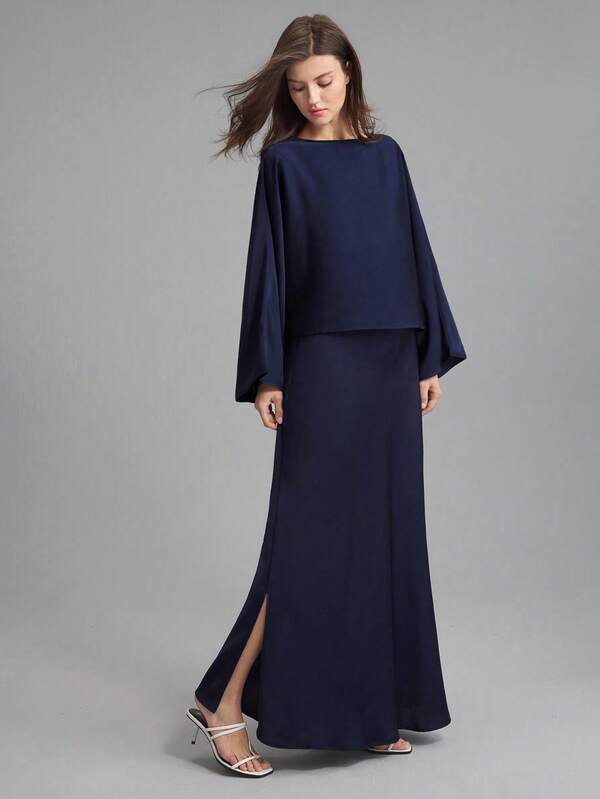 Ontre 2 Pieces Set: Blue Off-Shoulder Loose Top And Satin Split Hem Skirt, Elegant Simple Style Suitable For Everyday Wear, Bridesmaid Dress, Spring/Summer