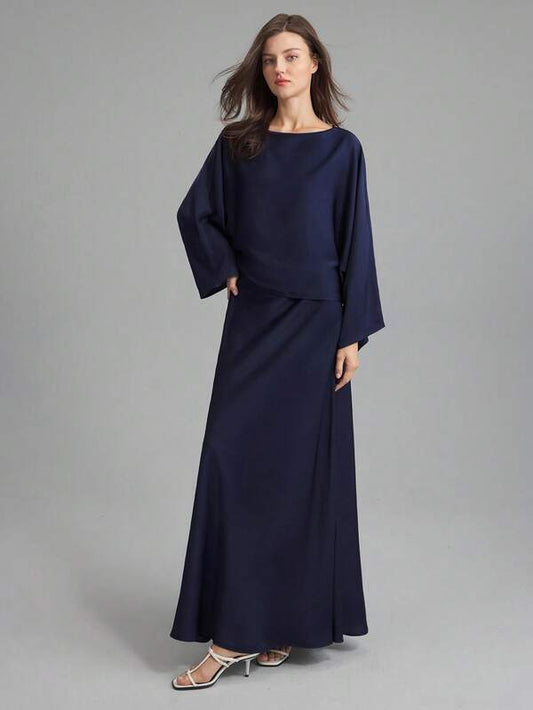 Ontre 2 Pieces Set: Blue Off-Shoulder Loose Top And Satin Split Hem Skirt, Elegant Simple Style Suitable For Everyday Wear, Bridesmaid Dress, Spring/Summer