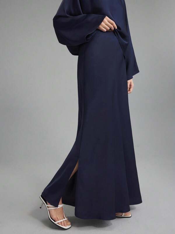 Ontre 2 Pieces Set: Blue Off-Shoulder Loose Top And Satin Split Hem Skirt, Elegant Simple Style Suitable For Everyday Wear, Bridesmaid Dress, Spring/Summer